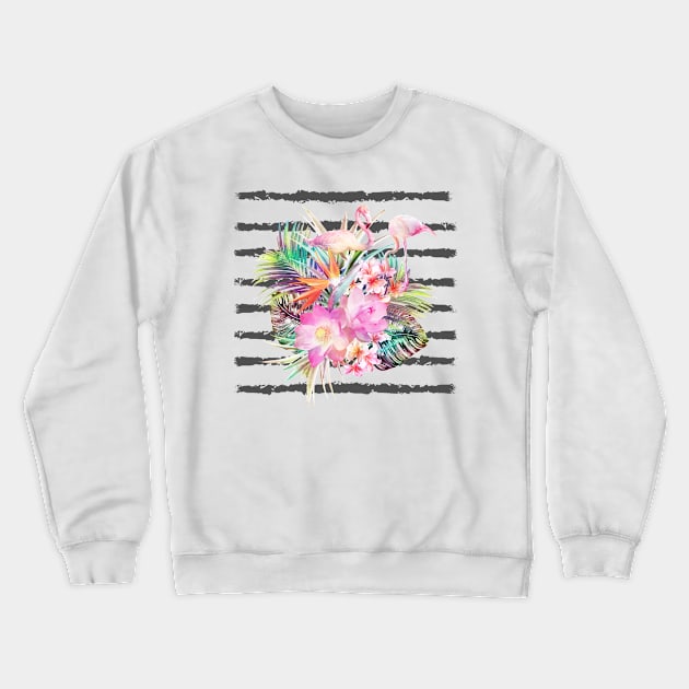 Tropical floral leaves and flamingos stripes Crewneck Sweatshirt by InovArtS